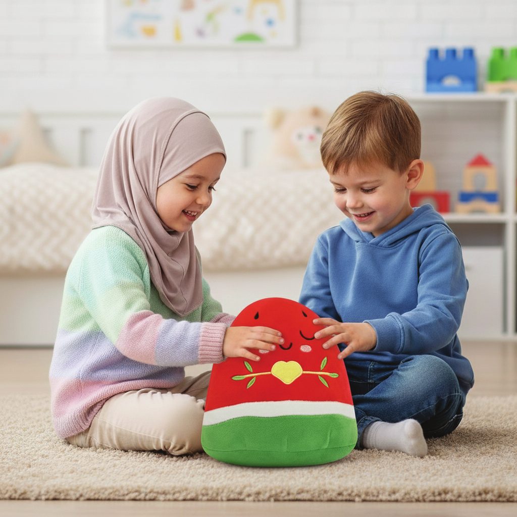 Two children opening a Nūr watermelon plushie together