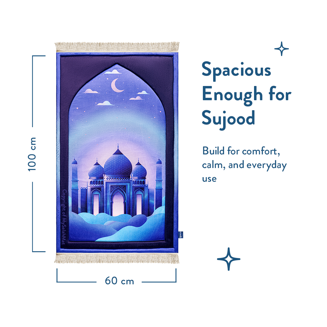 The junior Twilight Masjid padded prayer mat shown with its measurements marked, 100cm long by 60cm wide