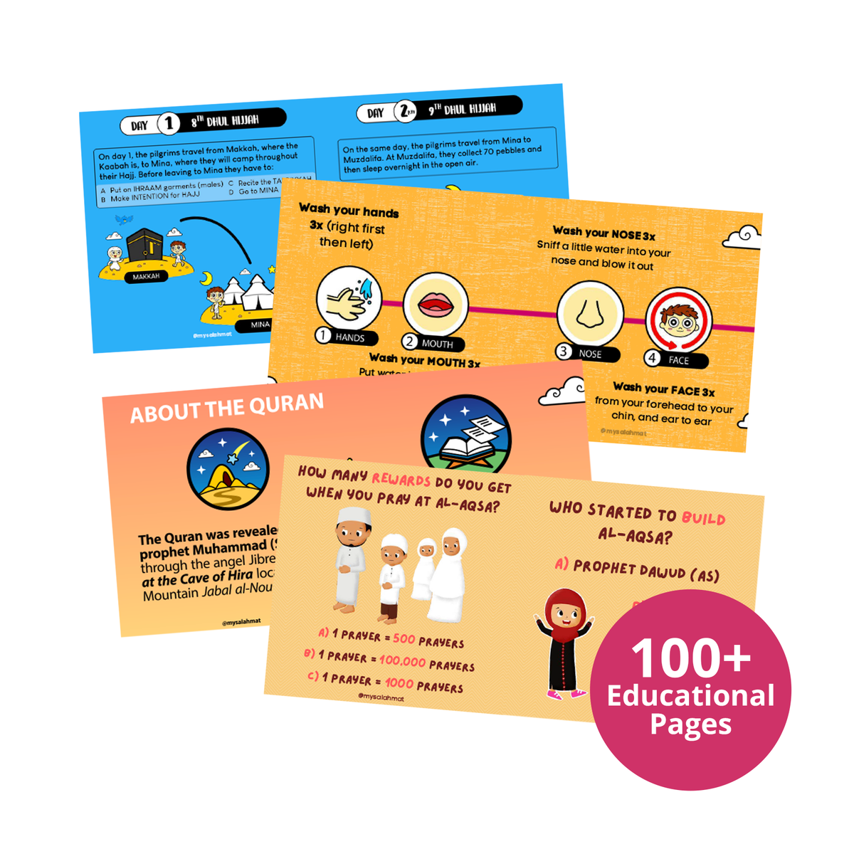 Printable Islamic worksheet cards for children spread out in a fan, labelled 100 plus educational pages