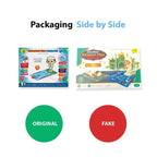 Box of the original Kids Interactive Prayer Mat (Blue) beside a fake with a different box design