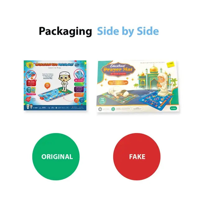 Box of the original Kids Interactive Prayer Mat (Blue) beside a fake with a different box design