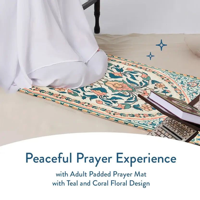 Adult Padded Prayer Mat with Teal and Coral Floral Design | Urban Rugs UK