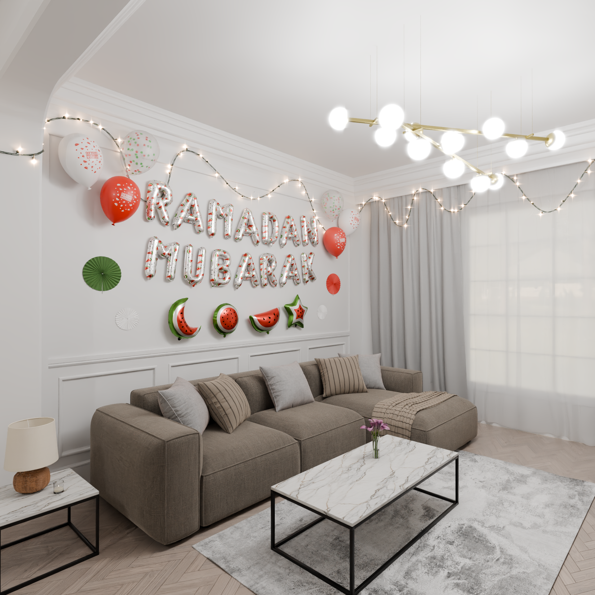 Ramadan Palestine Themed Decoration | Ramadan Mubarak Watermelon Foil Letter Balloons Hanging Decoration White