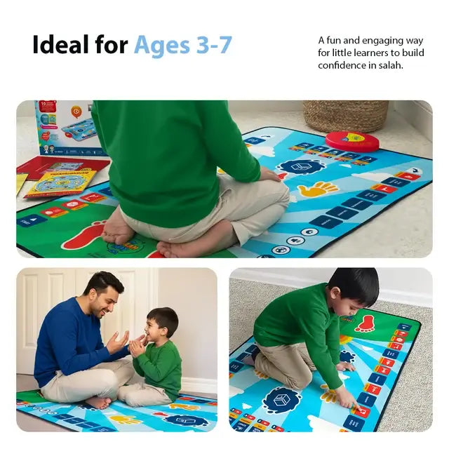 Boy and a man learning together on the Kids Interactive Prayer Mat (Blue), shown in three photos for ages 3 to 7