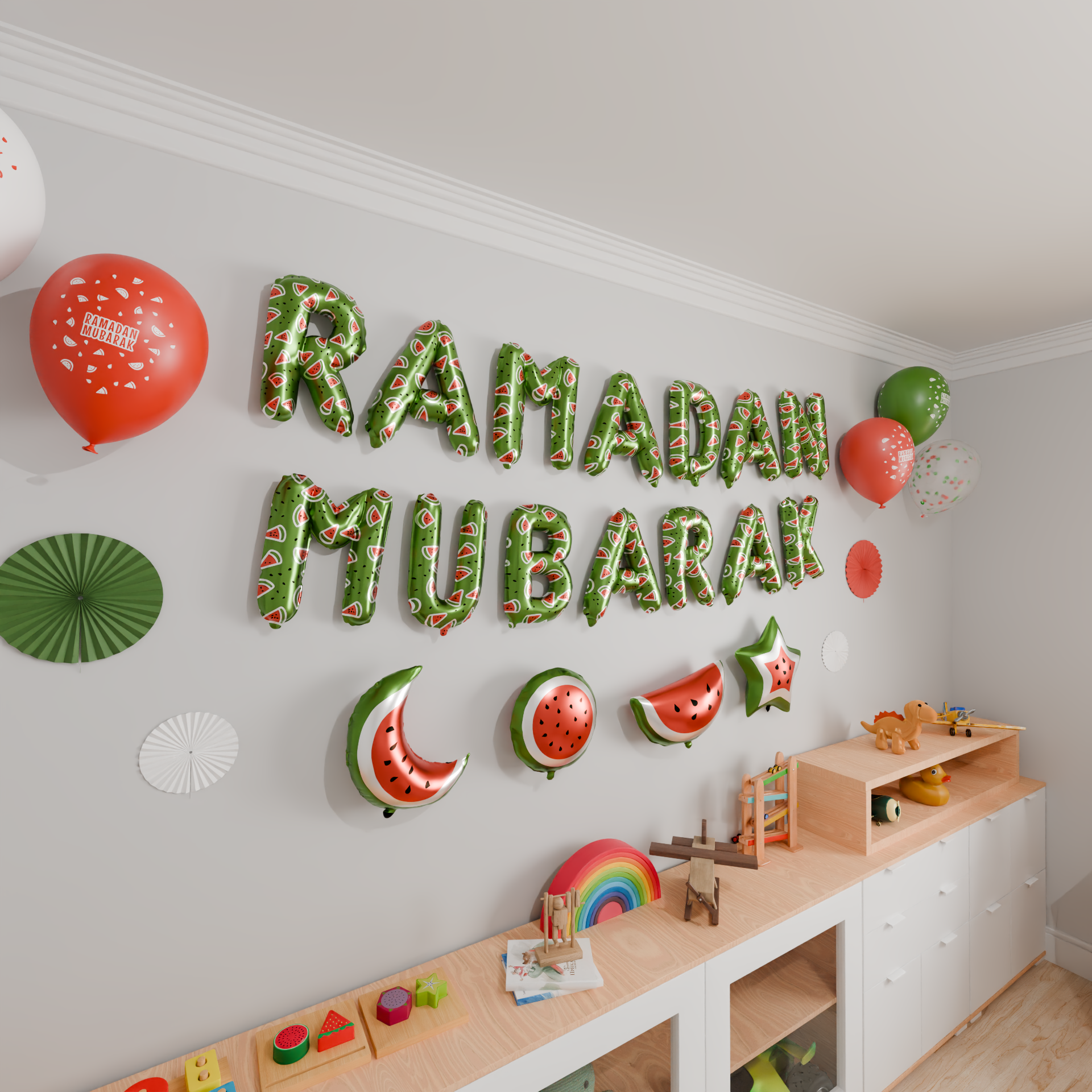 Ramadan  Palestine Themed Decoration | Ramadan Mubarak Watermelon Foil Letter Balloons Hanging Decoration Green