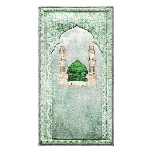 Adult padded prayer mat with the green dome and minarets of Al-Masjid an-Nabawi, front view