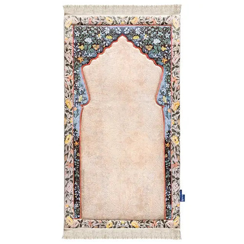 Adult padded prayer mat with a dark floral border, a peach centre and tassels at both ends