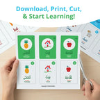 Hands cutting out a printed sheet of Arabic Words flash cards with scissors