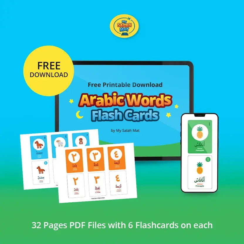 Arabic Words flash cards shown on a tablet and a phone, as 32 PDF pages with 6 cards on each