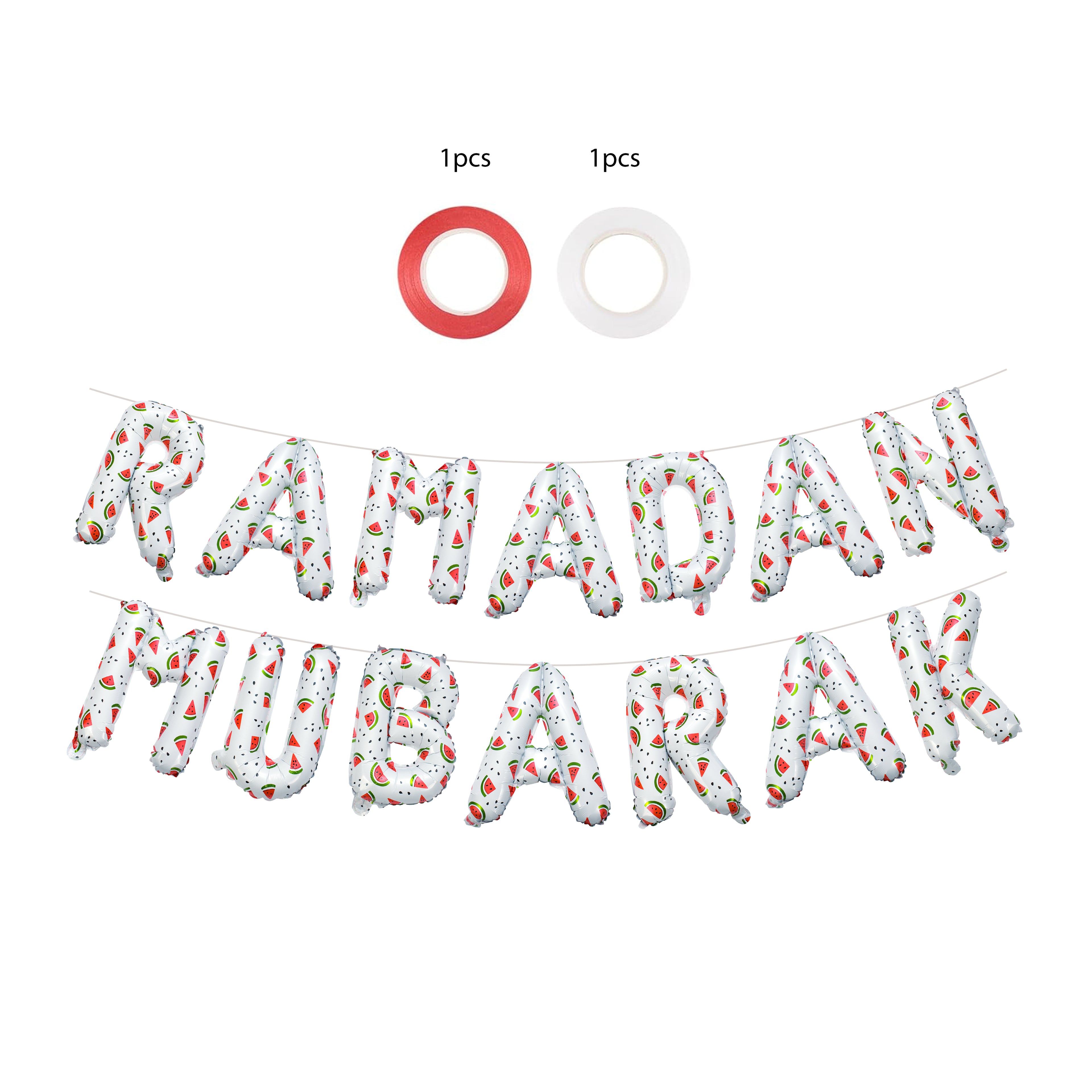 Ramadan Palestine Themed Decoration | Ramadan Mubarak Watermelon Foil Letter Balloons Hanging Decoration White