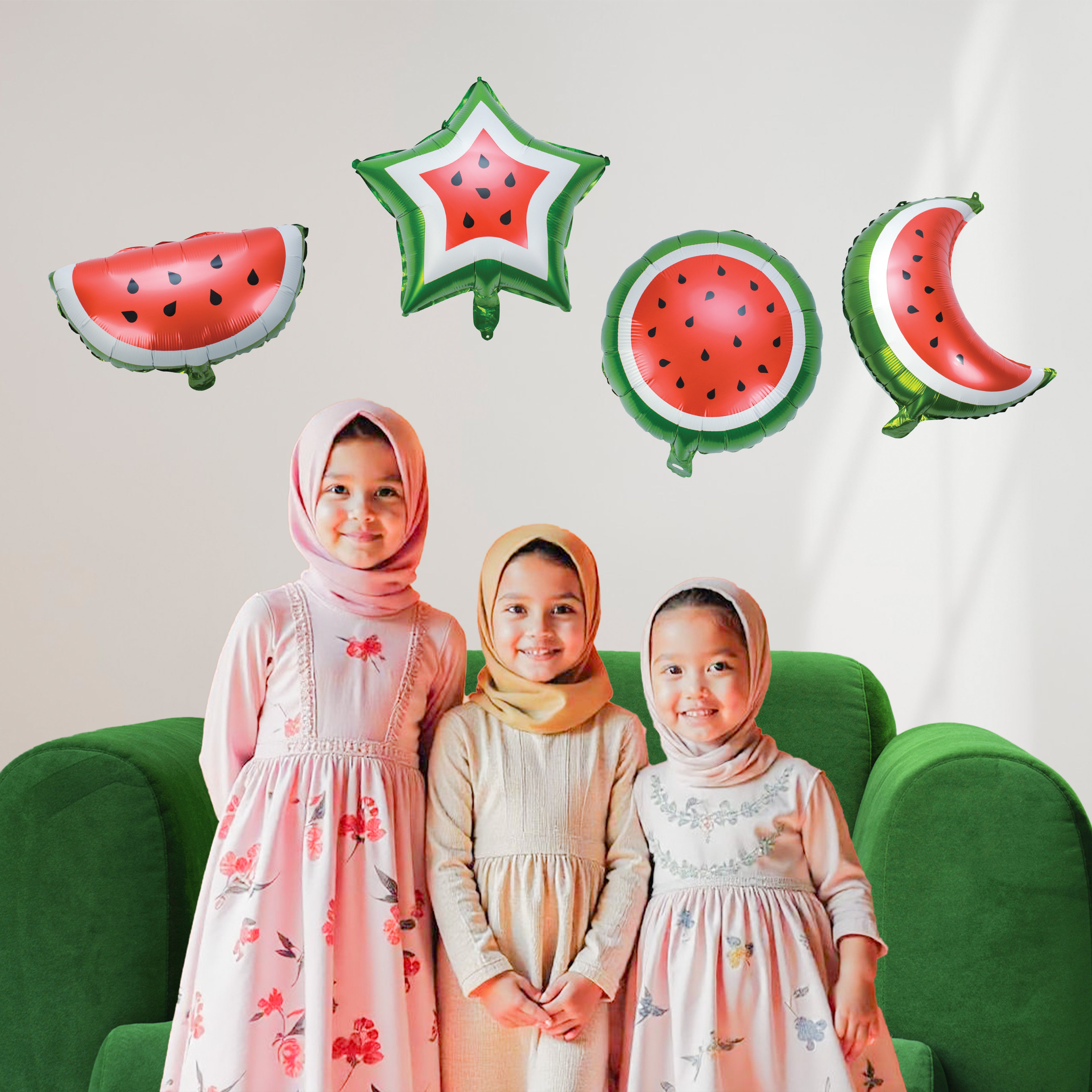 Pack of 4 Watermelon Crescent Star Ramadan & Eid Palestine Themed Foil Balloon Set Hanging Decoration