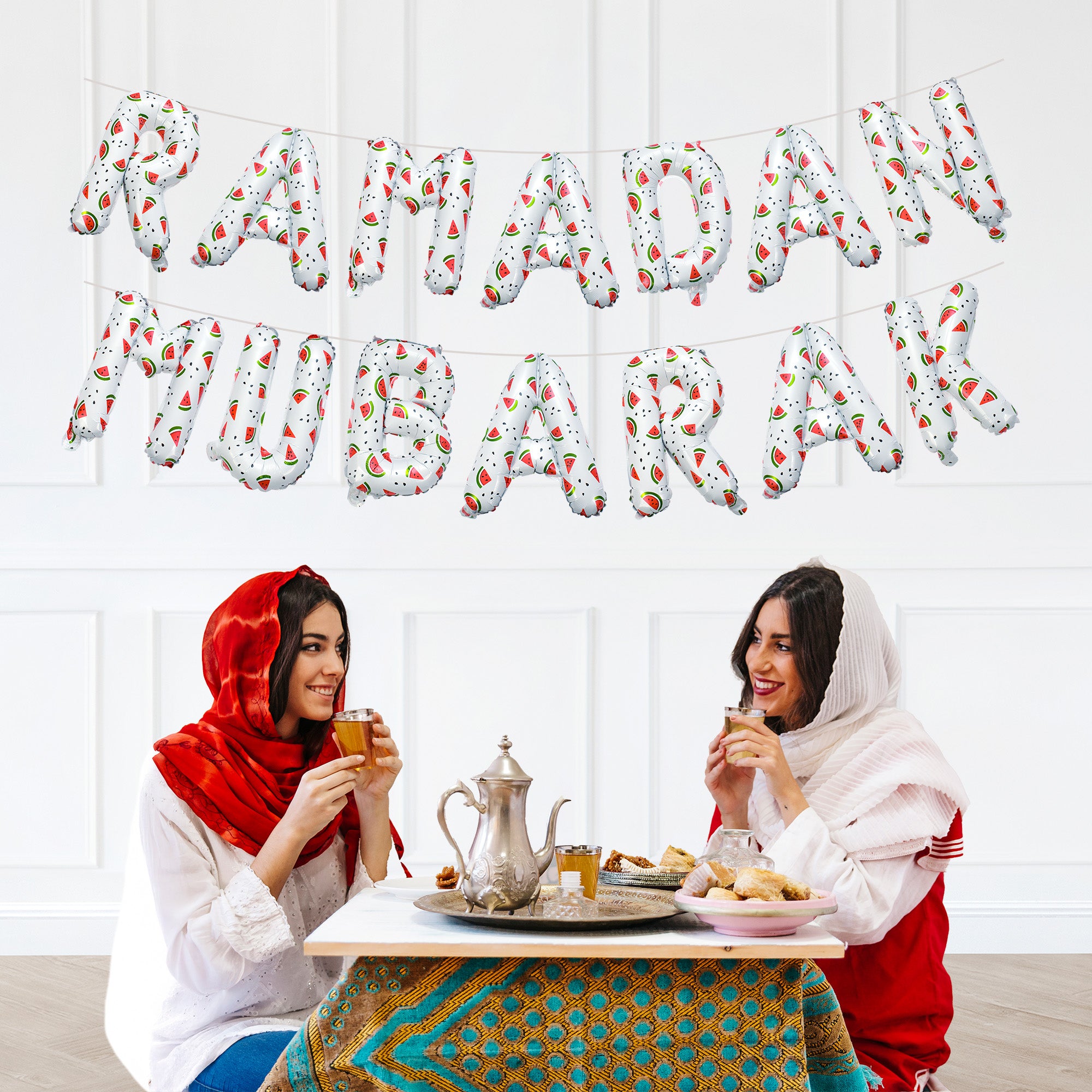 Ramadan Palestine Themed Decoration | Ramadan Mubarak Watermelon Foil Letter Balloons Hanging Decoration White