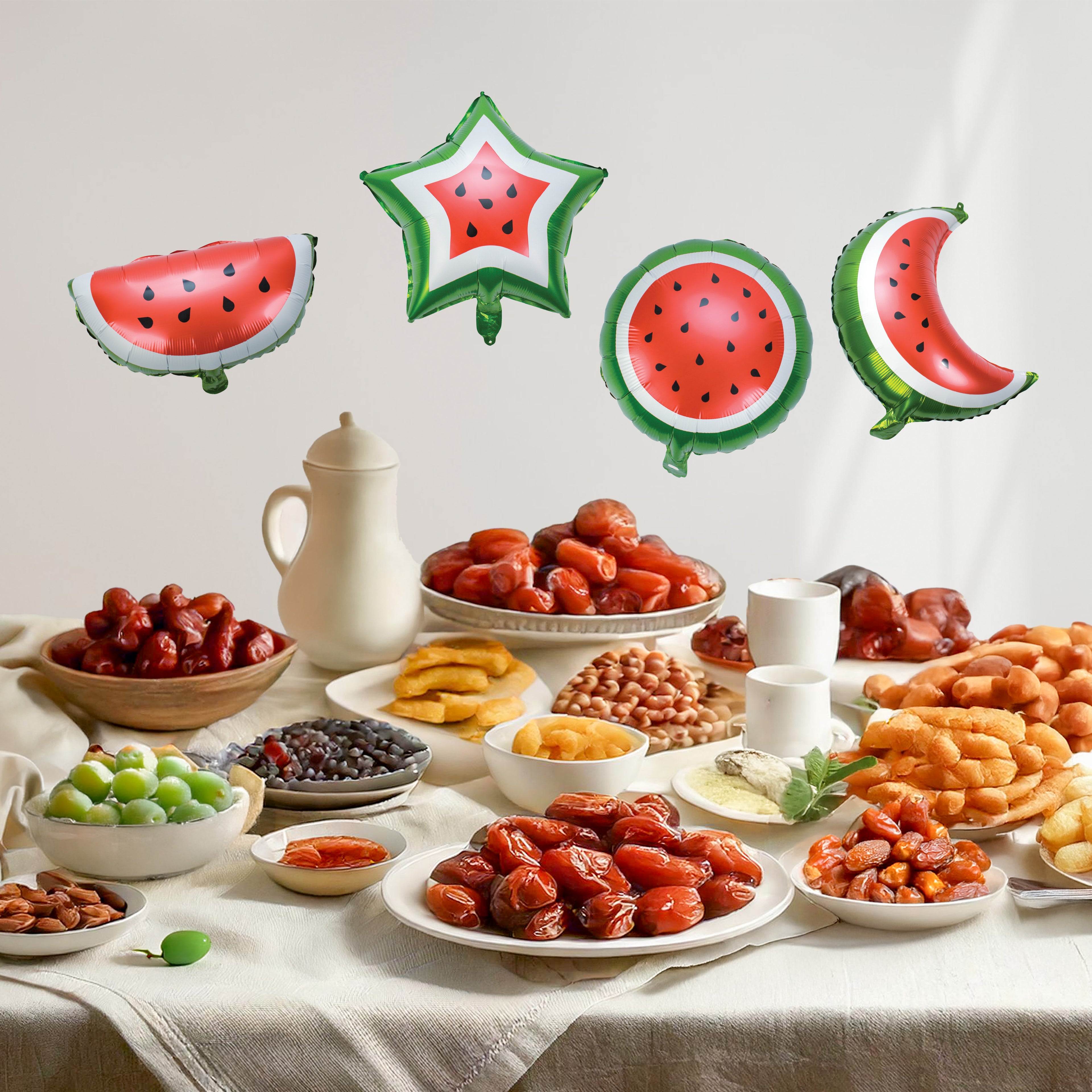 Pack of 4 Watermelon Crescent Star Ramadan & Eid Palestine Themed Foil Balloon Set Hanging Decoration