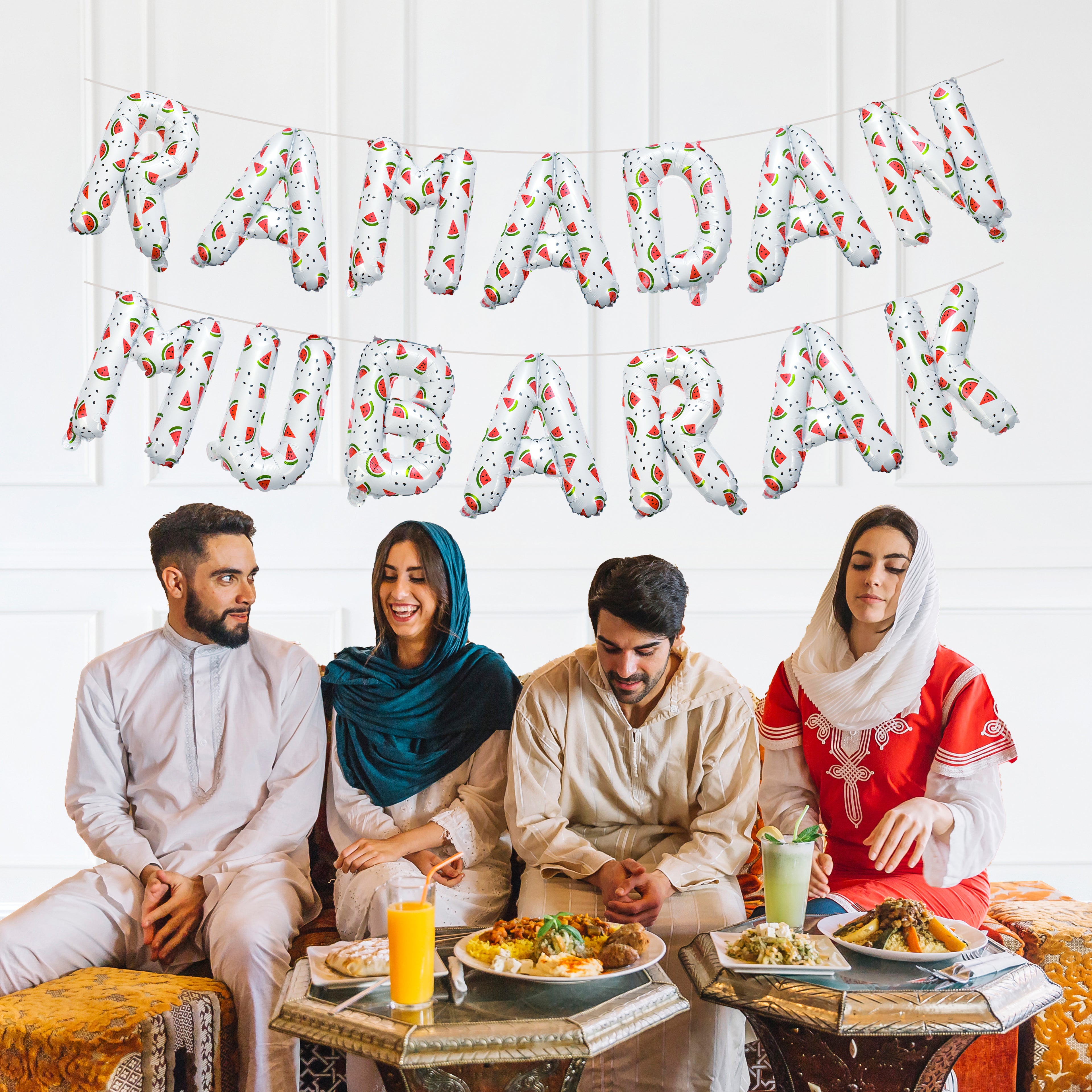 Ramadan Palestine Themed Decoration | Ramadan Mubarak Watermelon Foil Letter Balloons Hanging Decoration White