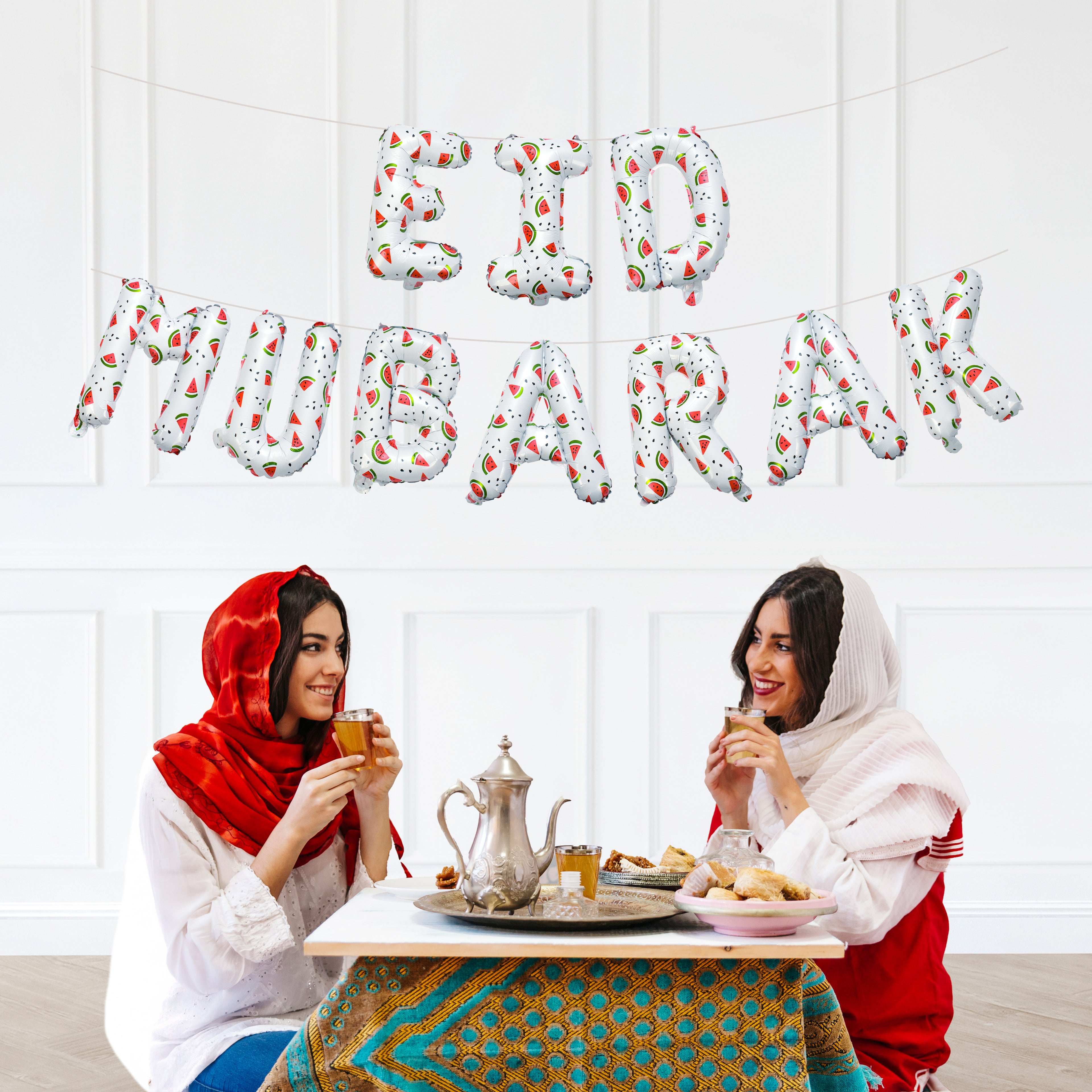 Eid Mubarak Palestine Themed Decoration| Eid Mubarak Watermelon Foil Letter Balloons Hanging Decoration White