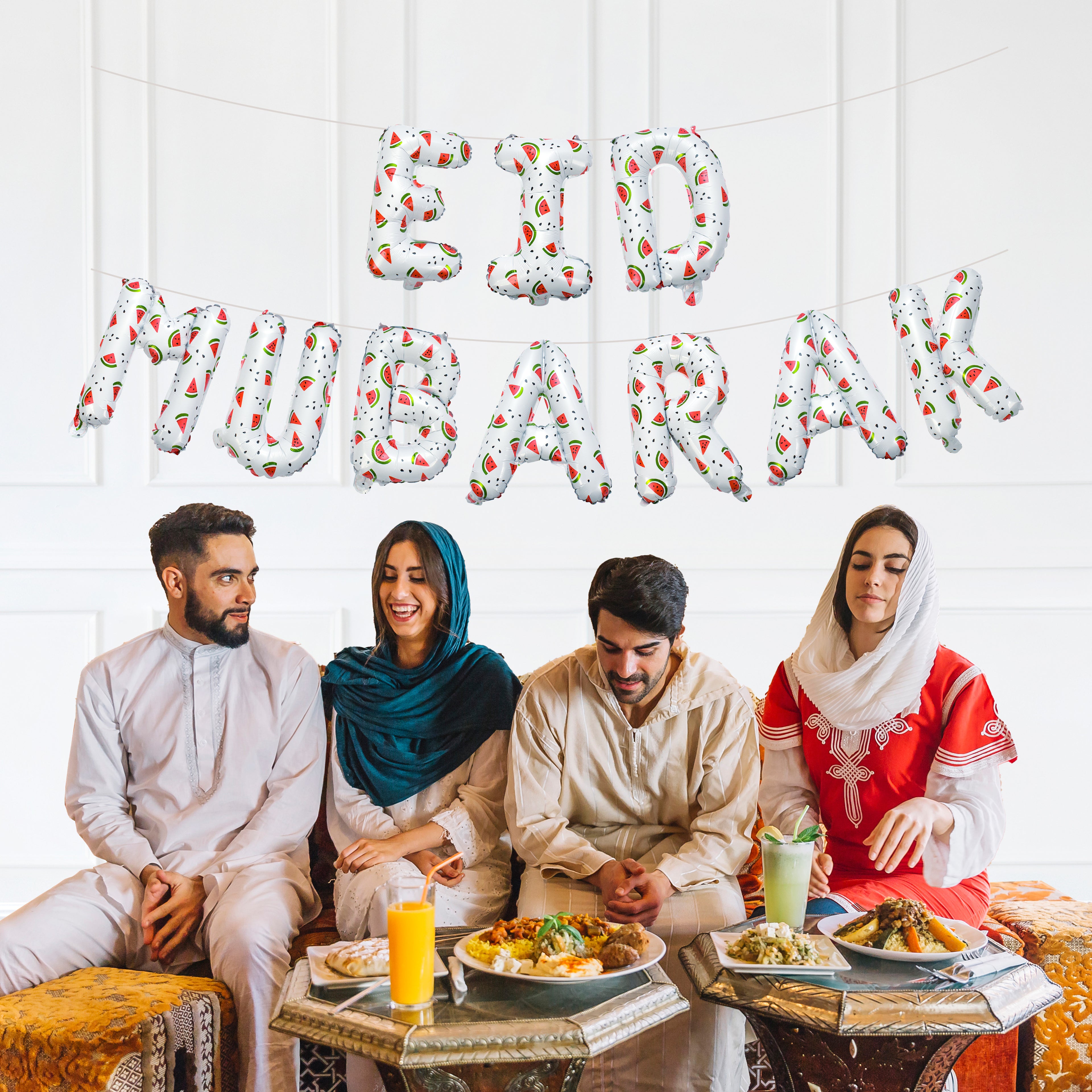 Eid Mubarak Palestine Themed Decoration| Eid Mubarak Watermelon Foil Letter Balloons Hanging Decoration White