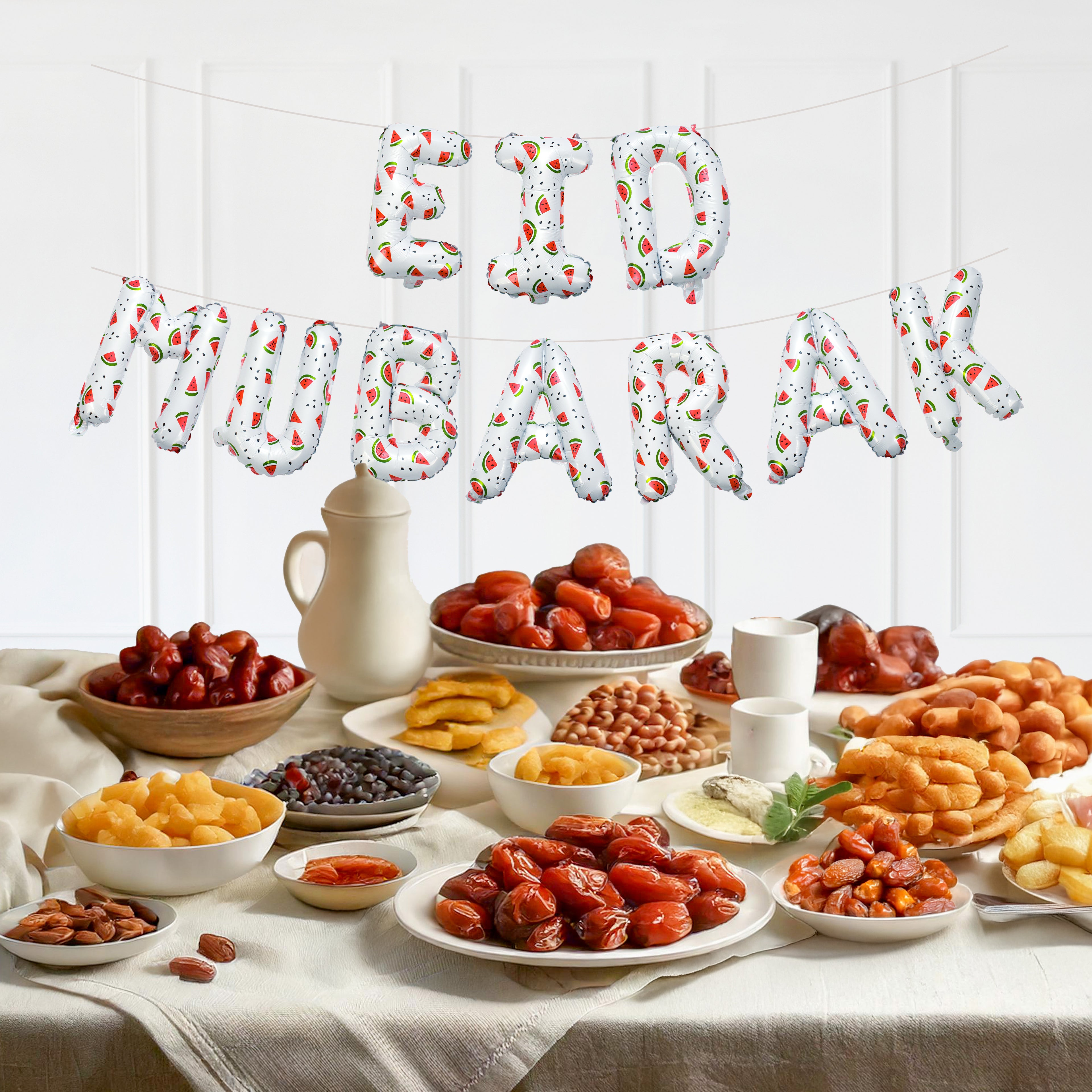 Eid Mubarak Palestine Themed Decoration| Eid Mubarak Watermelon Foil Letter Balloons Hanging Decoration White