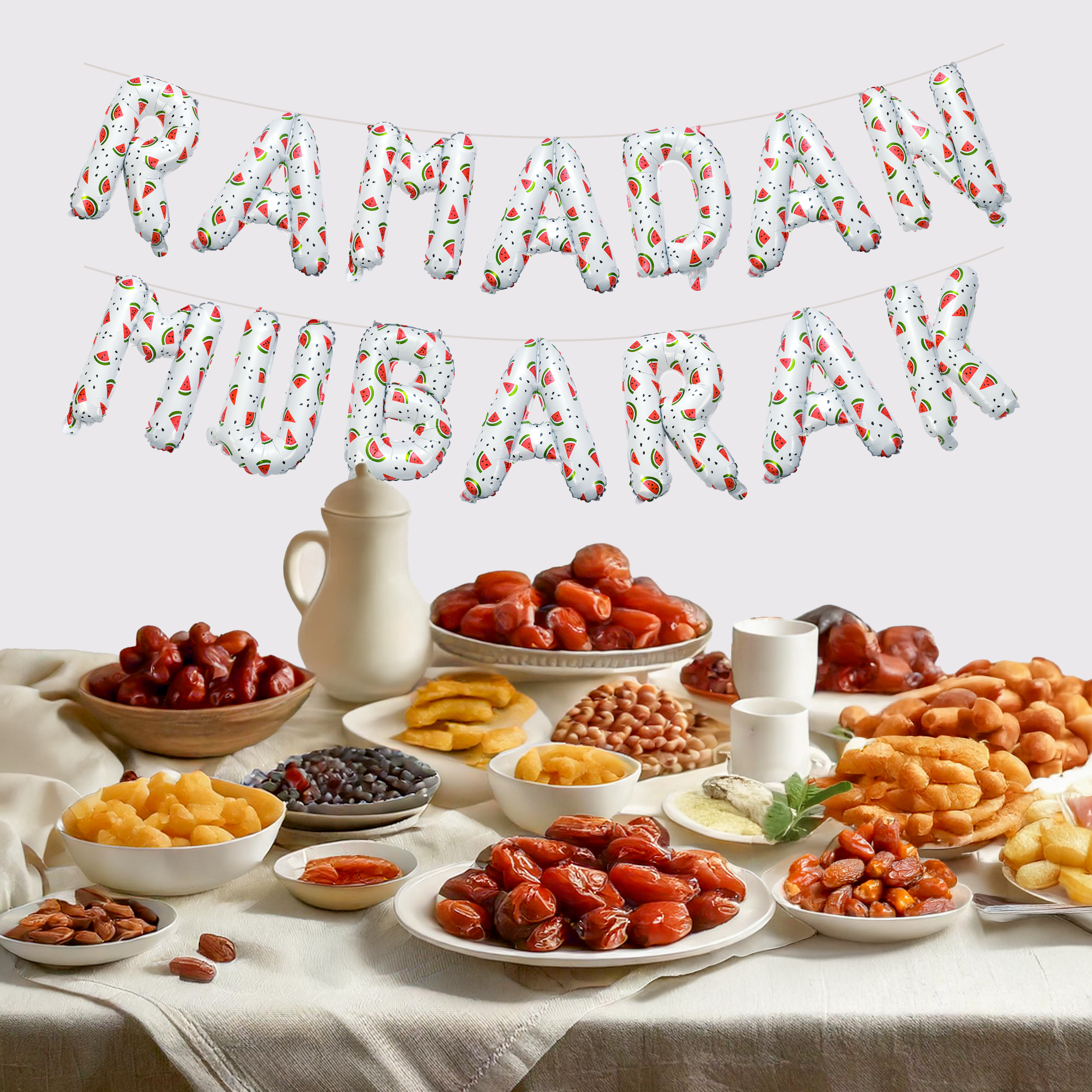 Ramadan Palestine Themed Decoration | Ramadan Mubarak Watermelon Foil Letter Balloons Hanging Decoration White
