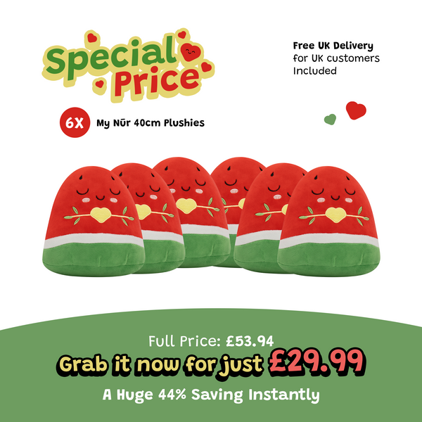 Pack of 6 Nūr Watermelon Plushies -  20cm Soft Cuddly Pillow Adorable Muslim Doll [SPECIAL DEAL]  | A beautiful Ramadan & Eid Gift for Loved Ones