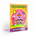 Zakat activity booklet standing at an angle, with an orange and purple cover
