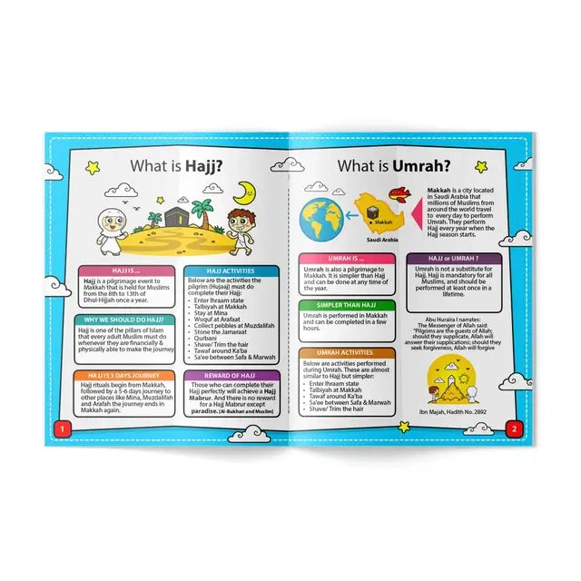 Open activity book pages explaining what Hajj is and what Umrah is