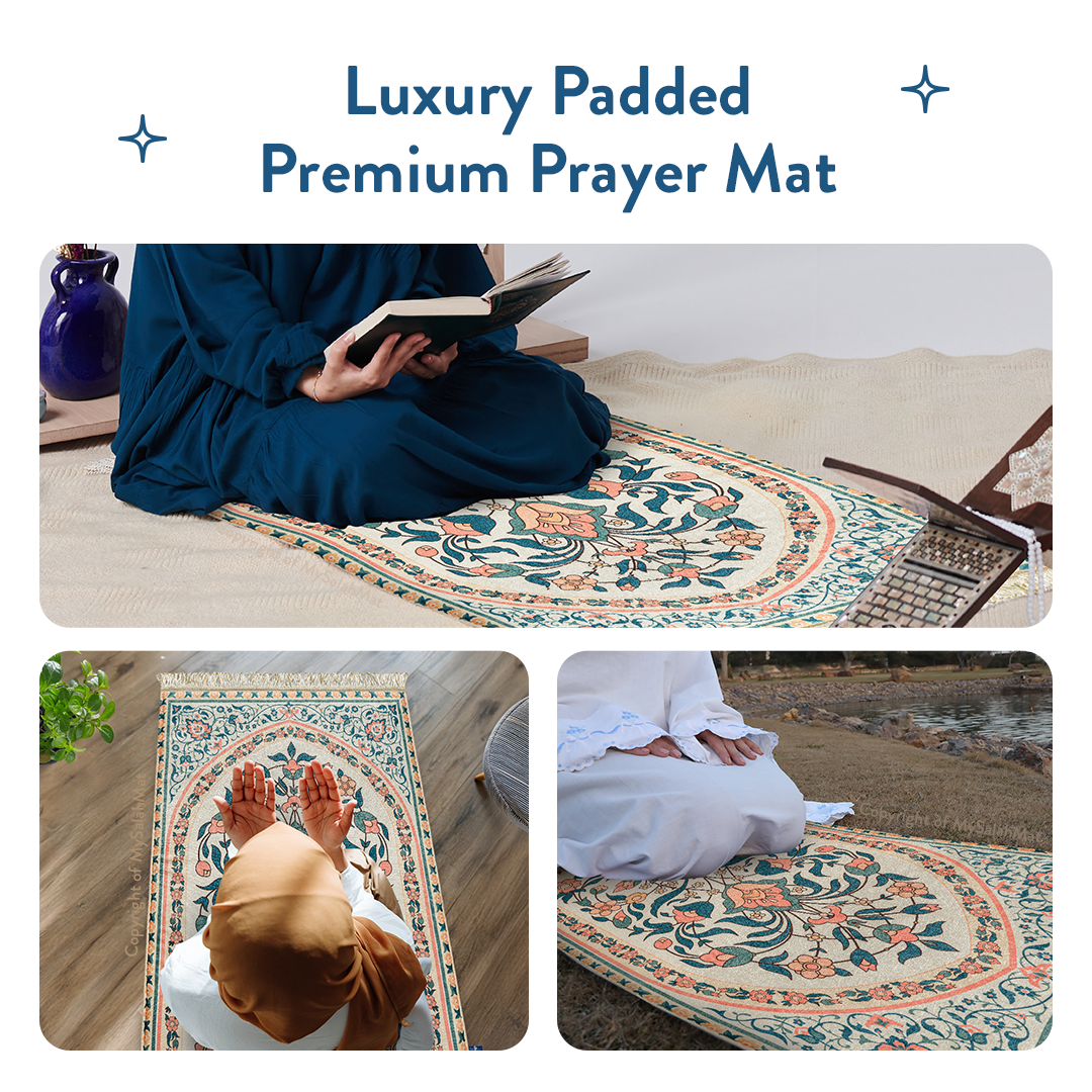 Adult Padded Prayer Mat with Teal and Coral Floral Design | Urban Rugs UK | Ramadan & Eid Gift