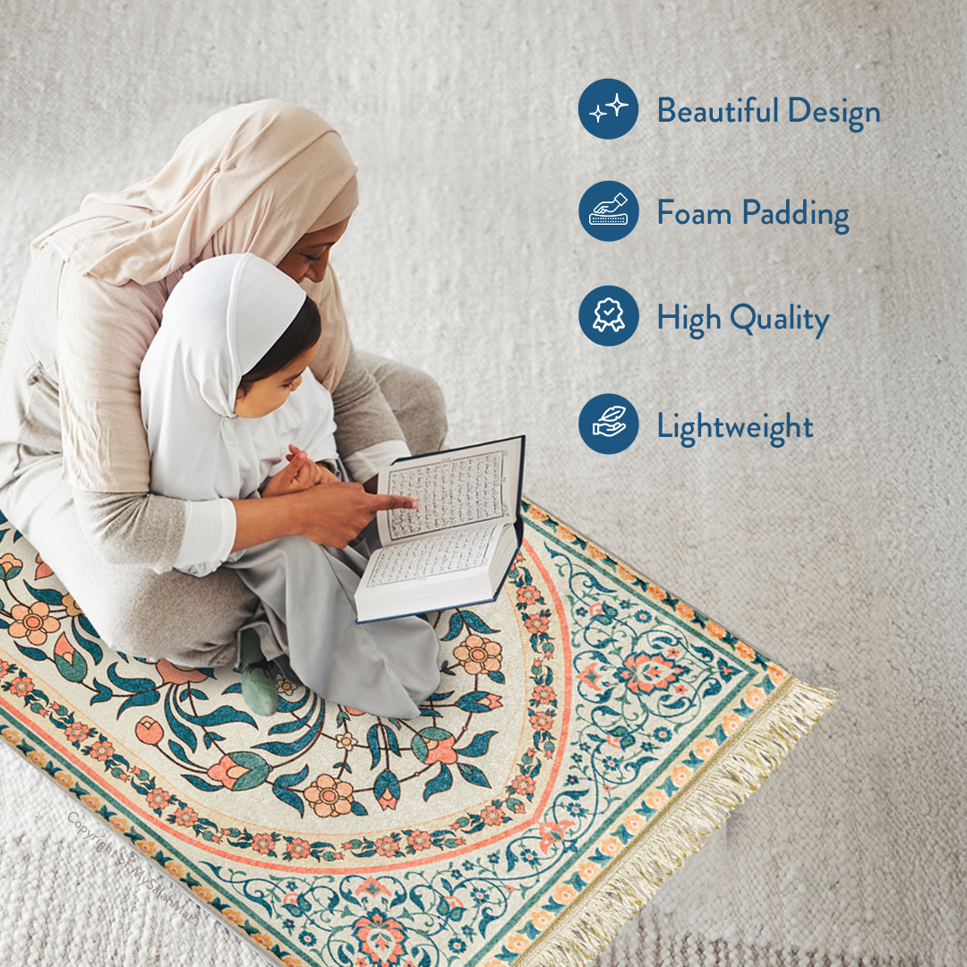 Adult Padded Prayer Mat with Teal and Coral Floral Design | Urban Rugs UK | Ramadan & Eid Gift