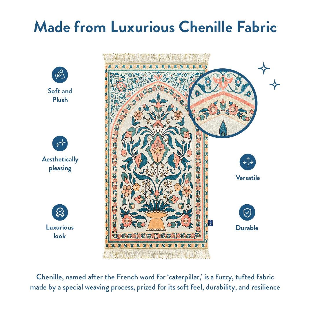 Adult Padded Prayer Mat with Teal and Coral Floral Design | Urban Rugs UK | Ramadan & Eid Gift