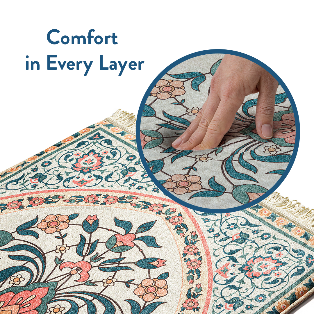 Adult Padded Prayer Mat with Teal and Coral Floral Design | Urban Rugs UK | Ramadan & Eid Gift