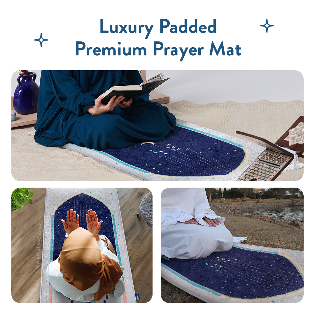 Adult Padded Prayer Mat with Blue Crescent Moon Design | Urban Rugs UK | A beautiful Ramadan & Eid Gift for Loved Ones