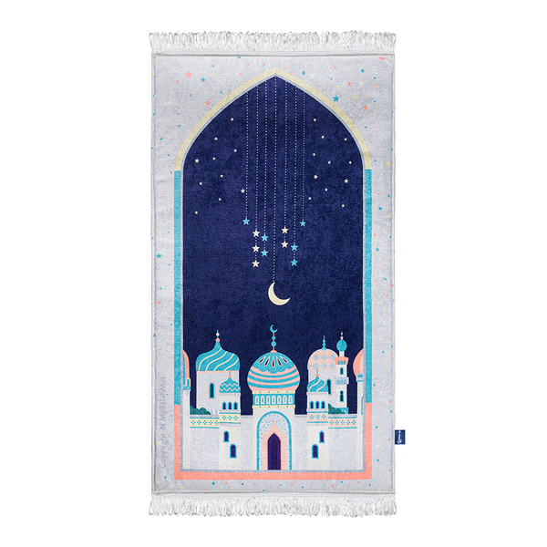 Adult Padded Prayer Mat with Blue Crescent Moon Design | Urban Rugs UK