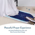 Adult Padded Prayer Mat with Blue Crescent Moon Design | Urban Rugs UK | A beautiful Ramadan & Eid Gift for Loved Ones