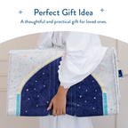 Adult Padded Prayer Mat with Blue Crescent Moon Design | Urban Rugs UK | A beautiful Ramadan & Eid Gift for Loved Ones