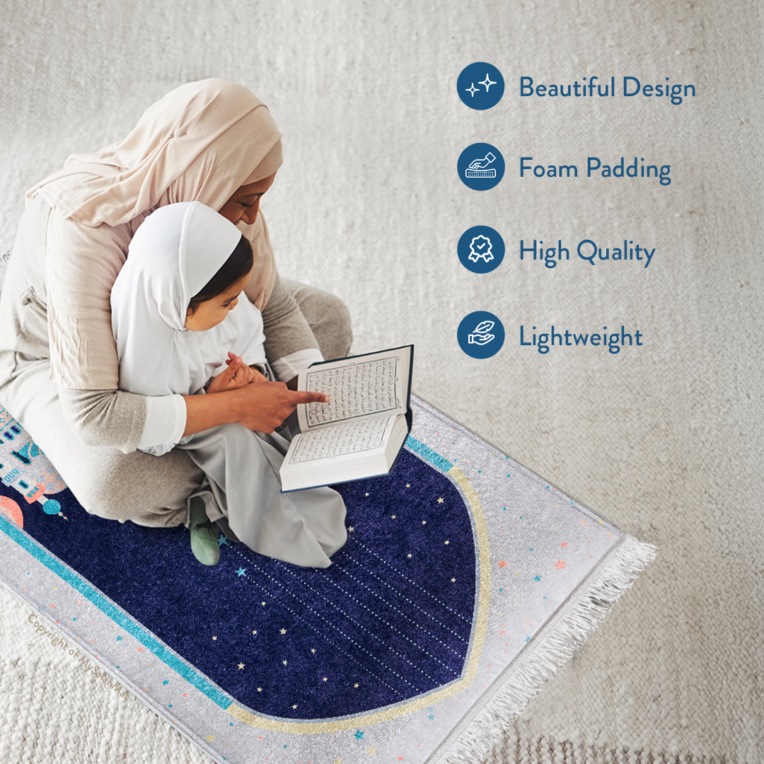 Adult Padded Prayer Mat with Blue Crescent Moon Design | Urban Rugs UK | A beautiful Ramadan & Eid Gift for Loved Ones