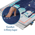 Adult Padded Prayer Mat with Blue Crescent Moon Design | Urban Rugs UK | A beautiful Ramadan & Eid Gift for Loved Ones