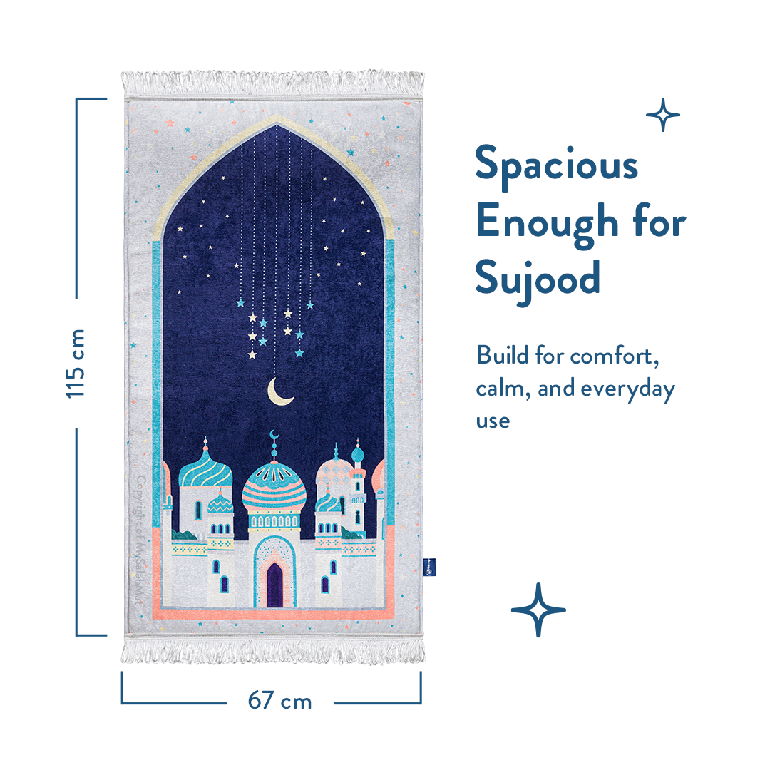Adult Padded Prayer Mat with Blue Crescent Moon Design | Urban Rugs UK | A beautiful Ramadan & Eid Gift for Loved Ones