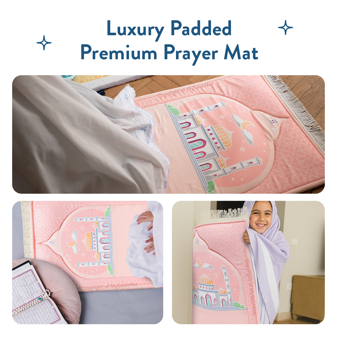 Padded Kids Prayer Mat with Blush Pink Design | Urban Rugs UK | Ramadan & Eid Gift
