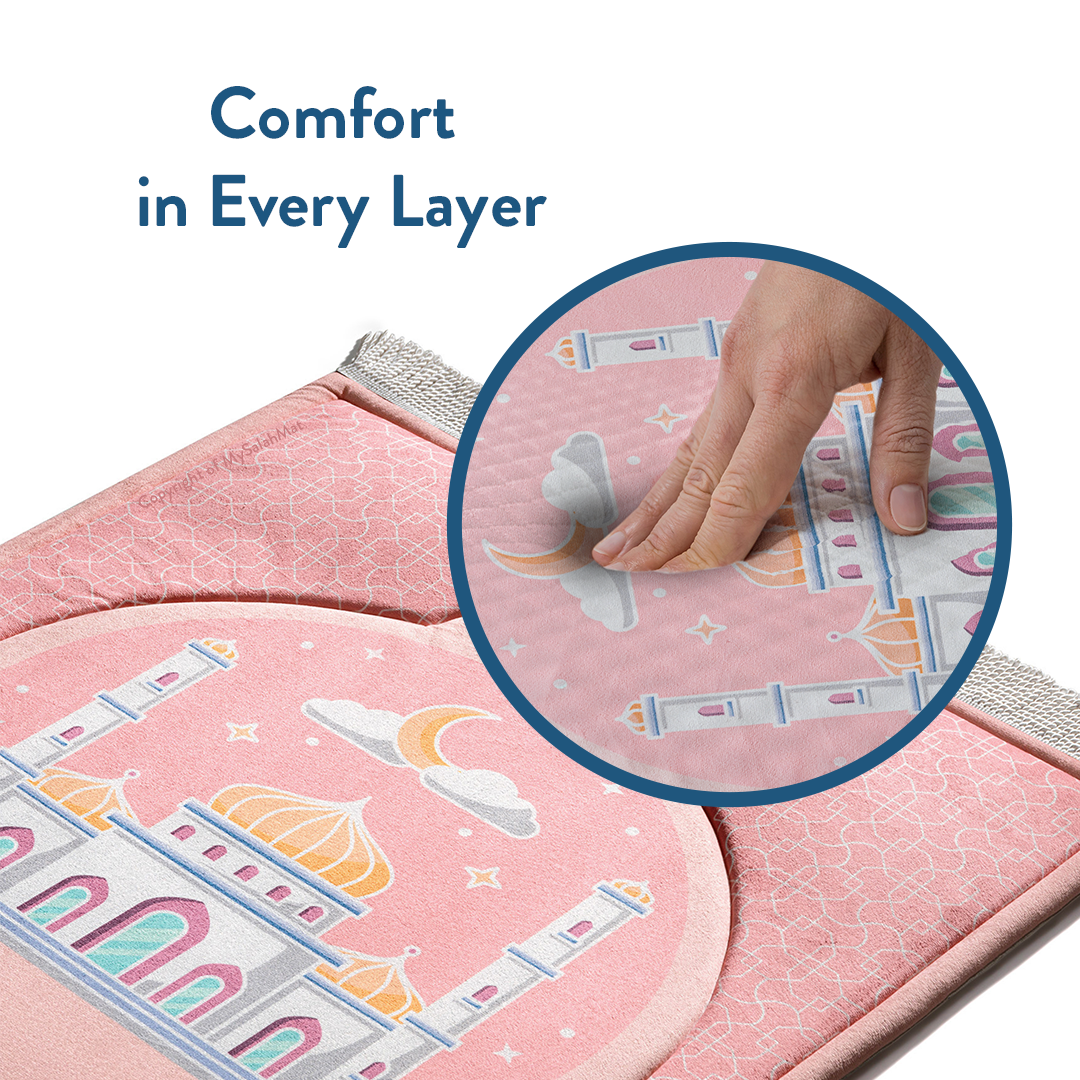 Padded Kids Prayer Mat with Blush Pink Design | Urban Rugs UK | Ramadan & Eid Gift