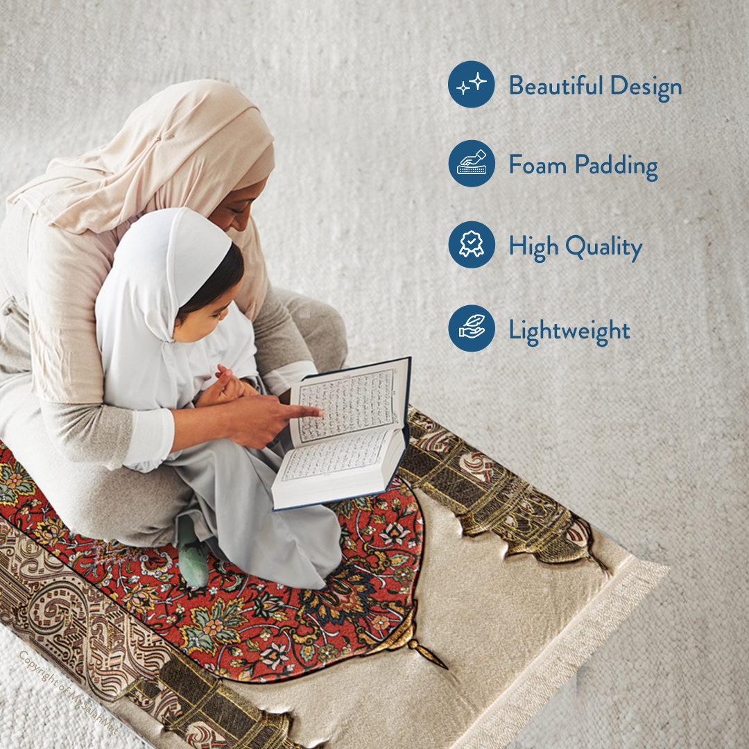 Adult Padded Prayer Mat with Reddish Flory Design by Urban Rugs UK | A beautiful Ramadan & Eid Gift for Loved Ones