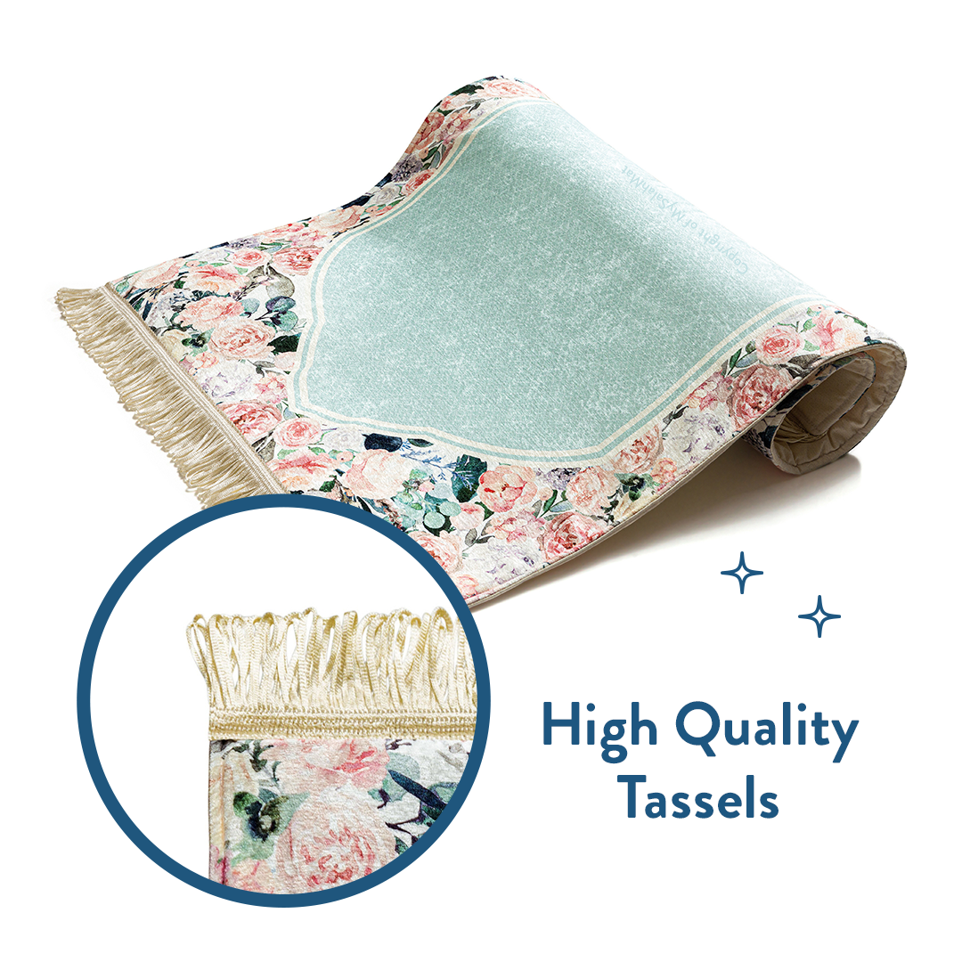 Adult Padded Prayer Mat with Soft Mint Floral Design | Urban Rugs UK | Ramadan & Eid Gift