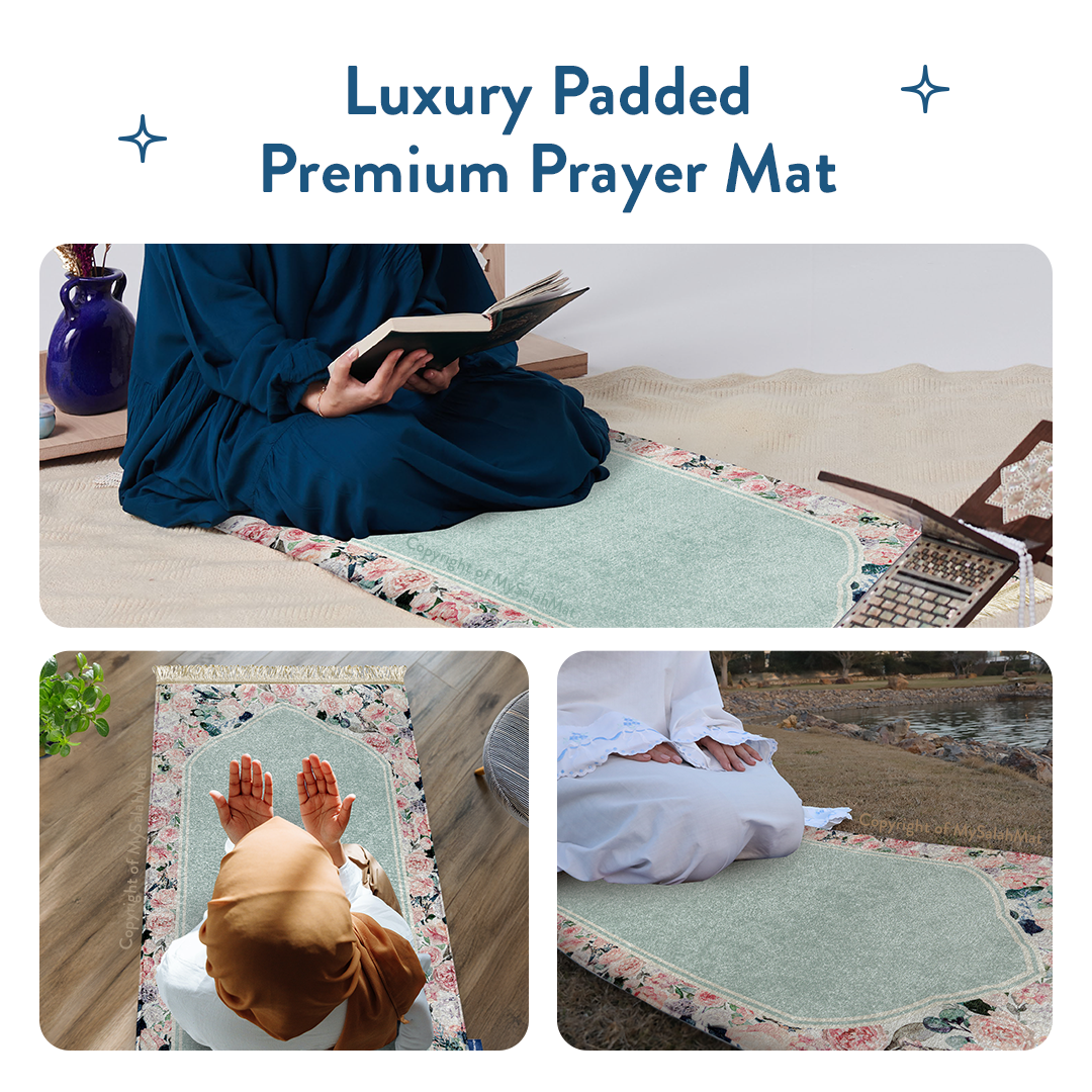 Adult Padded Prayer Mat with Soft Mint Floral Design | Urban Rugs UK | Ramadan & Eid Gift