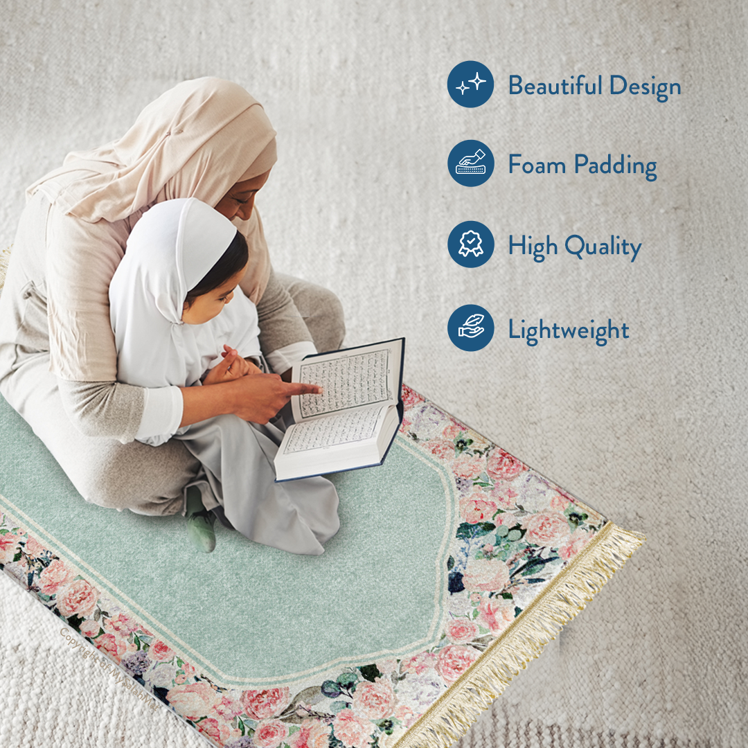 Adult Padded Prayer Mat with Soft Mint Floral Design | Urban Rugs UK | Ramadan & Eid Gift