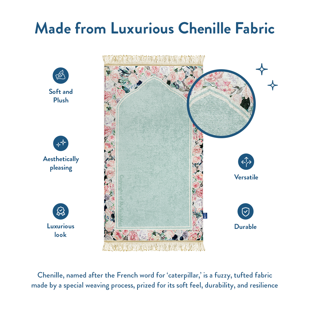 Adult Padded Prayer Mat with Soft Mint Floral Design | Urban Rugs UK | Ramadan & Eid Gift