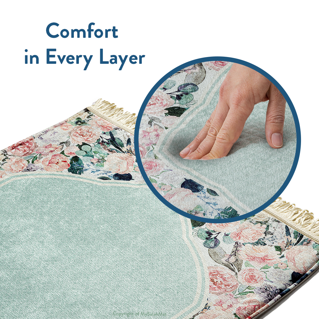 Adult Padded Prayer Mat with Soft Mint Floral Design | Urban Rugs UK | Ramadan & Eid Gift