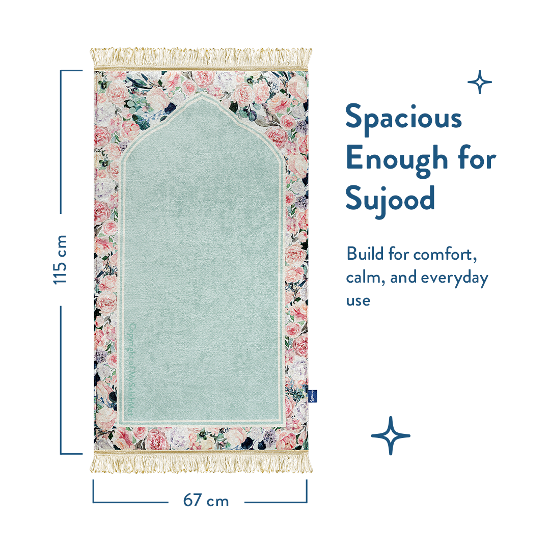 Adult Padded Prayer Mat with Soft Mint Floral Design | Urban Rugs UK | Ramadan & Eid Gift
