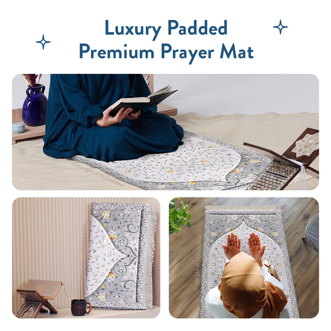 Adult Premium Padded Prayer Mat with Yellow Floral Vine Design | Urban Rugs UK | Ramadan & Eid Gift