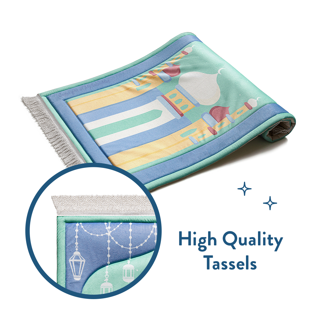 Padded Kids Prayer Mat with Aqua Mumbai Mosque Design by Urban Rugs UK | A beautiful Ramadan & Eid Gift for Loved Ones