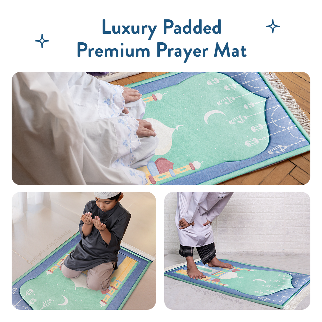 Padded Kids Prayer Mat with Aqua Mumbai Mosque Design by Urban Rugs UK | A beautiful Ramadan & Eid Gift for Loved Ones