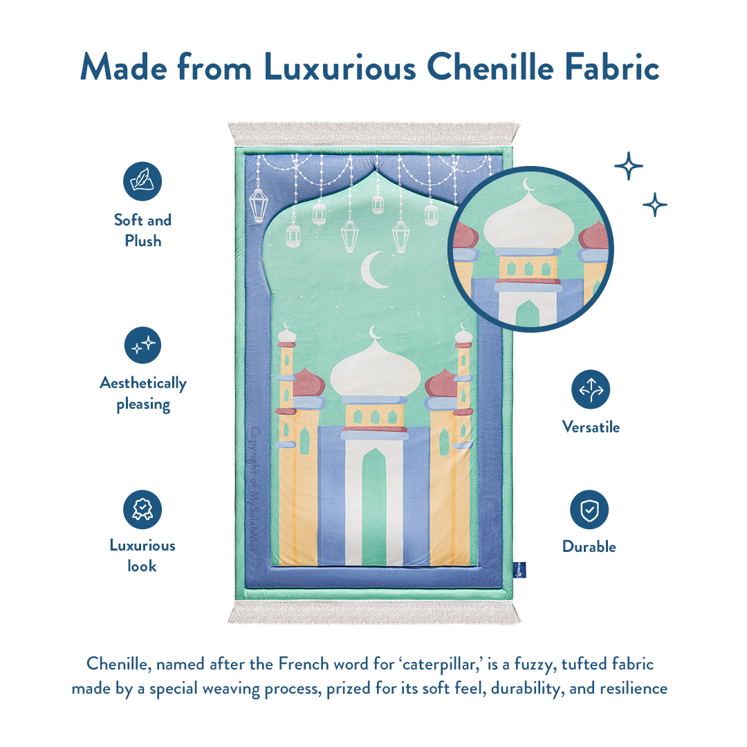Padded Kids Prayer Mat with Aqua Mumbai Mosque Design by Urban Rugs UK | A beautiful Ramadan & Eid Gift for Loved Ones