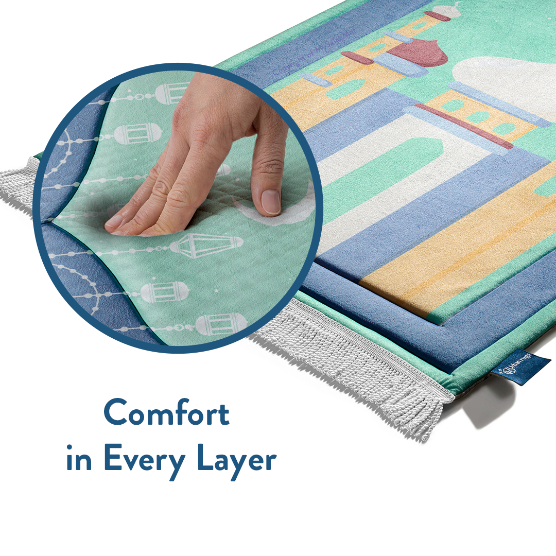 Padded Kids Prayer Mat with Aqua Mumbai Mosque Design by Urban Rugs UK | A beautiful Ramadan & Eid Gift for Loved Ones
